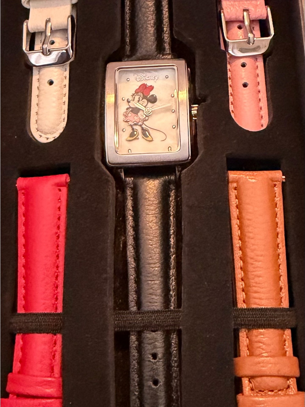 Disney Minnie Mouse Watch with Black, White, Pink, Red, and Tan Straps